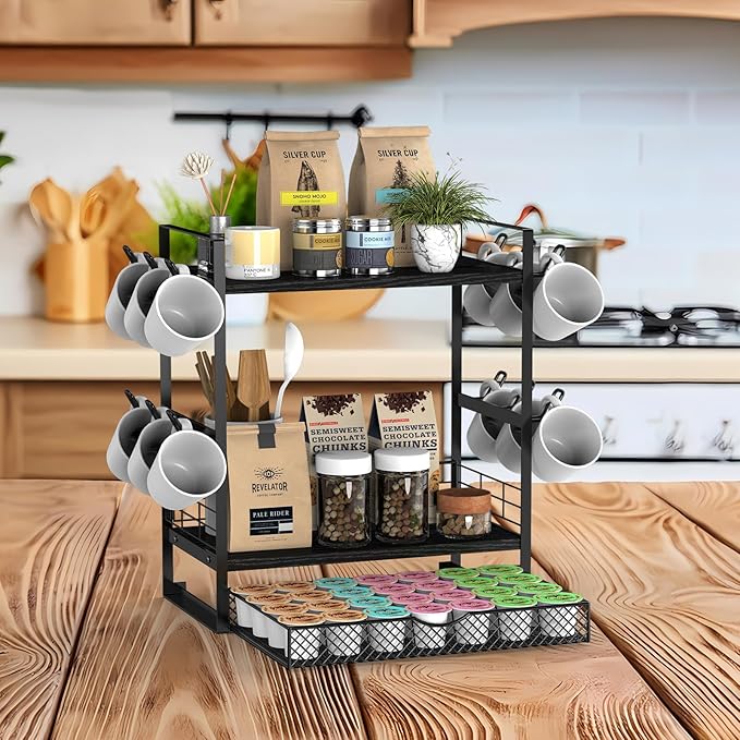 Coffee Bar Organizer, 3 Tier Station for Countertop, Mug Cup Holder Stand With 28 K Cup Storage and 12 Hooks for Kitchen, Home & Office, Black