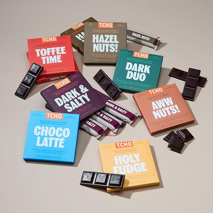 TCHO 100% Plant-Based Dark & Milk Chocolate Variety Pack - Gourmet Assortment with Toffee Time, Choco Latte, Dark & Salty, & More - Vegan No Artificial Sweeteners Chocolate Gift - 8 Count