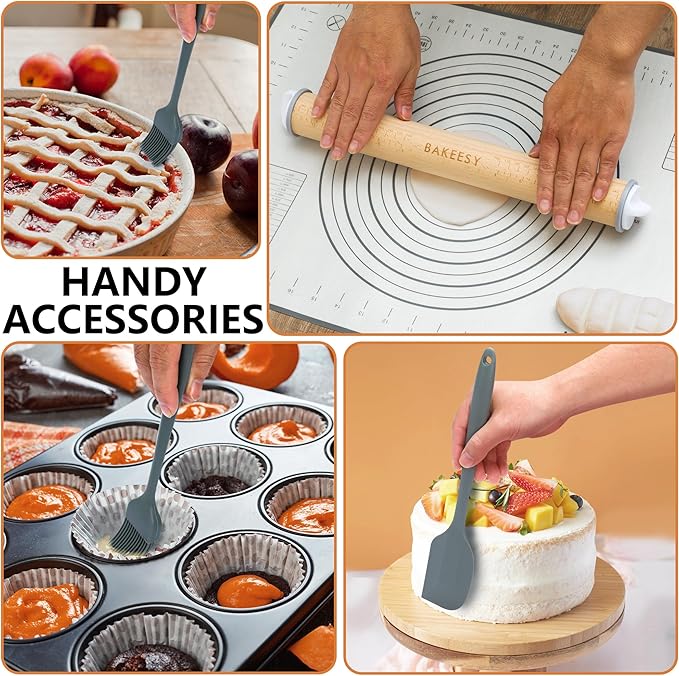 Bakeesy's 14' Wooden Rolling Pin Set with 5 Adjustable Thickness Rings - Roller Pin for Rolling Pizza, Cookie Dough, Pastry, Ravioli, Clay Slab - Full Set with Accessories - Perfect Baking experience
