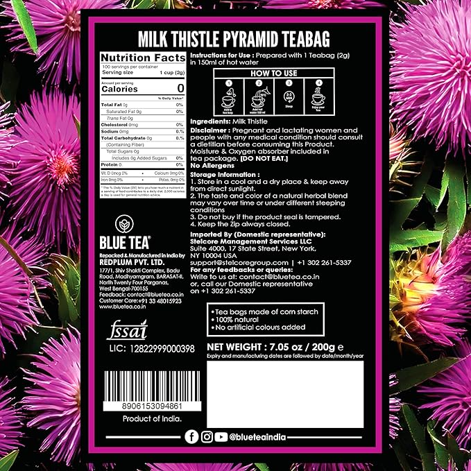 BLUE TEA - Milk Thistle Tea - 100 Count - Pyramid Plant Based Tea Bag | Liver Cleaning and Immune Support | Milk Thistle Seeds - Caffeine Free - Herbal Tea - Non Bitter | Zipper Pack