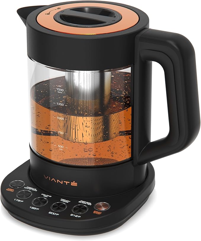 Vianté Electric Kettle With Infuser For Loose Leaf. Hot Tea Maker With Temperature Control And Automatic Shut Off. Tea Kettle With Brewing Programs. 1.5 Liters Capacity | Black Color