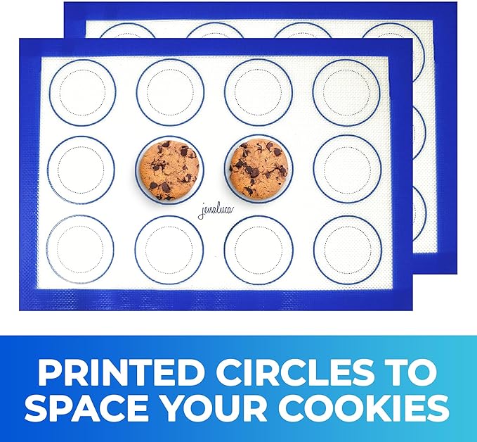 Jenaluca Silicone Baking Mats 2 Pack - Non-Stick Mats with Cookie Measurements Reusable Food Grade Silicone for Cookies, Pastries & Meal Preparation - Non Slip - 16.5 x 11.6
