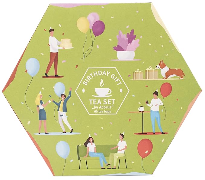 ACORUS | Birthday Gift Tea Set | Natural Tea Hamper Box Gift Set of 6 Flavors | Thoughtful Present for Birthday | Large Selection Box | Tea Gift Sets | 60 Herbal and Fruit Tea Bags Variety Pack