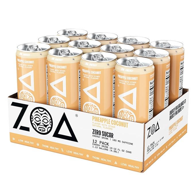 ZOA Zero Sugar Energy Drinks, Pineapple Coconut - Sugar Free with Electrolytes, Healthy Vitamin C, Amino Acids, Essential B-Vitamins, and Caffeine from Green Tea - 12 Fl Oz (12-Pack)
