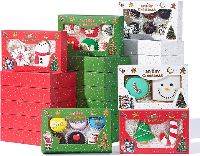 JCXGRVC 48 Pack 7x4.3x1.5Inch Christmas Cookie Gift Boxes with 3 Styles Clear Window Ideal for Packaging Cookie Macaron Cake Pop Chocolate Truffles Donut Pie Treat Bakery Boxes for Gift-Giving