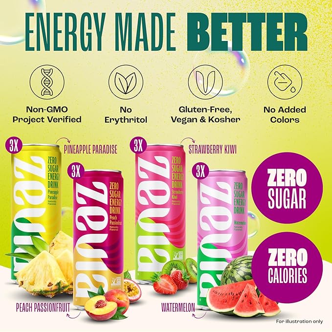Zevia Zero Sugar Energy Drink, Fruity Fuel Variety Pack, 12 oz Cans (12-Pack) – Naturally Sweetened, Non-GMO Project Verified, Gluten-Free, Vegan