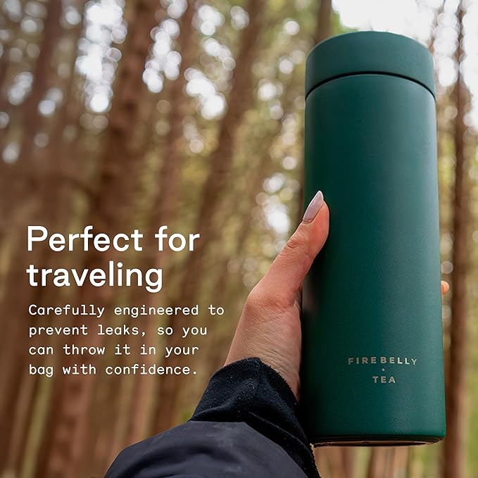 Firebelly Tea, Travel Tea Infuser Mug with Strainer, Insulated Tumbler for Loose Leaf Tea or Coffee, Leakproof Bottle for Hot or Iced Drinks, Stainless Steel Thermos with Lid, Mer