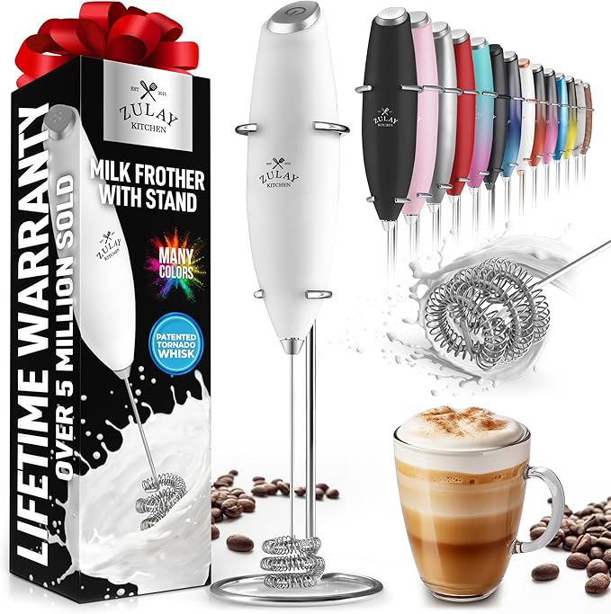 Zulay Kitchen Milk Frother with Patented Tornado Triple Whisk – Handheld Foam Maker for Coffee, Lattes, Matcha & Hot Chocolate – Rich, Creamy Froth in Seconds -