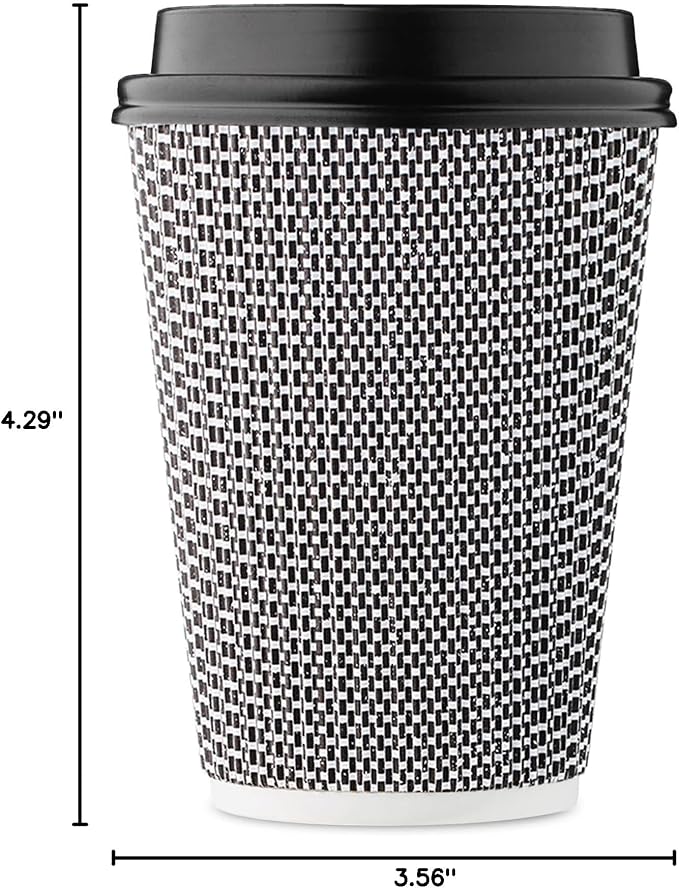 [100 SET]Harvest Pack 12 oz Disposable Coffee Cups, Insulated Ripple Double-Walled Paper Cups with Lids, Black and White Geometric, Drinking Cups for Tea Hot Chocolate Drinks To go coffee cups