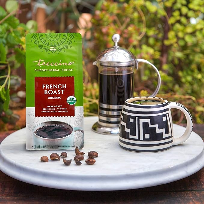 Teeccino French Roast Chicory Coffee Alternative - Ground Herbal Coffee That’s Prebiotic, Caffeine-Free & Acid Free, Dark Roast, 11 Ounce (Pack of 6)