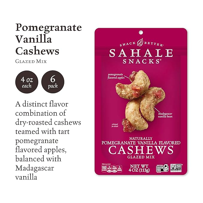 Sahale Snacks Pomegranate Vanilla Cashews, 4 oz Pouches (6 Packs) - Dry-Roasted Deluxe Mixed Nuts with Pomegranate Infused Apples & Madagascar Vanilla - Non-GMO, Kosher, & Certified Gluten-Free Snacks