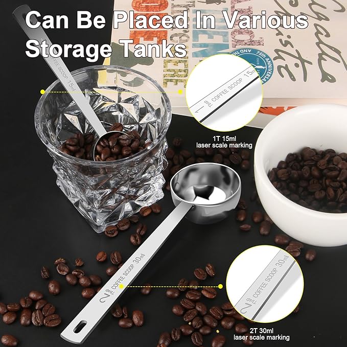 Coffee Scoop Set, Tablespoon Scoop 2 Pc Set (1 Tbsp & 2 Tbsp), Stainless Steel Measuring Spoons for Ground Coffee with Long Handles, for Tea, Sugar, or Flour