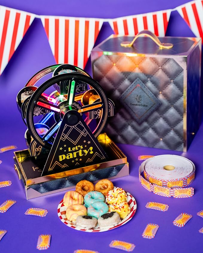 Luxe Mini Donut Ferris Wheel Box by Send A Cake – Ready to Gift, No Assembly Needed – 10 Mini Cake Donuts, Spins, Lights Up & Music – Unique Birthday & Celebration Gift for Women, Men, Adults, Kids