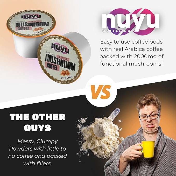 Nuyu Mushroom Coffee Pods, K-Cups, 100% Medium Roast Arabica Coffee with Lion's Mane, Reishi, Chaga, Cordyceps, 2000mg per Pod (24, Caramel)