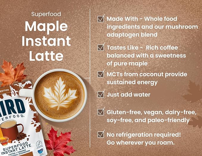 Laird Superfood Instant Latte, Maple, Non-Dairy, Superfood Creamer and Coffee, Gluten Free, Non-GMO, Vegan, 8 oz. Bag, Pack of 1