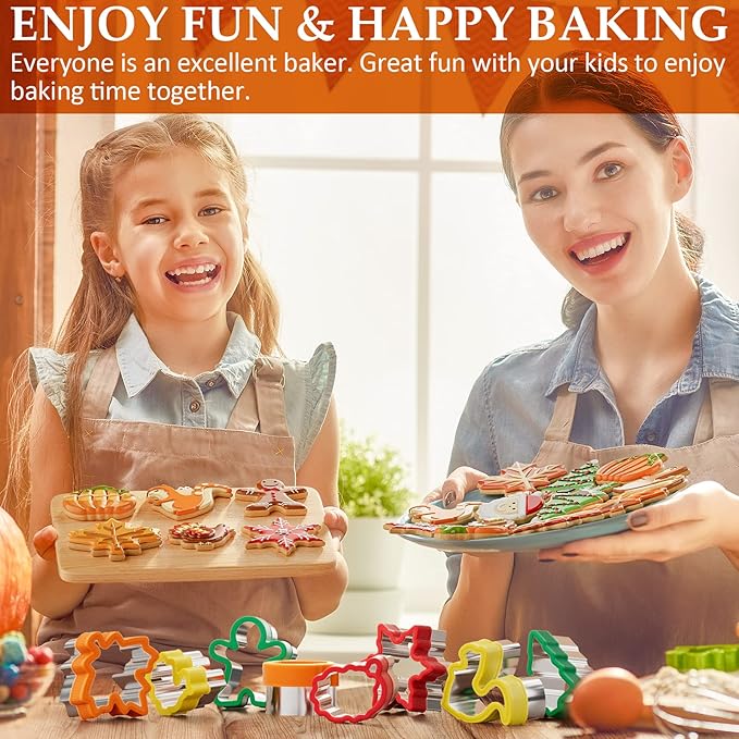 Fall Thanksgiving Cookie cutters Set 8 Pieces, Holiday Christmas Cookie Cutters Pumpkin Leaf Baking Cutters Shapes for Kids with Comfort Grip, Gingerbread Man, Turkey, Squirrel, Xmas Tree, Santa, etc