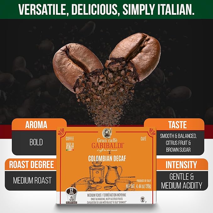 Caffè Garibaldi Colombian Decaf Coffee Pods, Single-Serve Capsules for Keurig K-Cup Brewers, Single Serve Cups with 100% Arabica Blend for Coffee Makers, 72 Count Recyclable Pods - Medium Roast