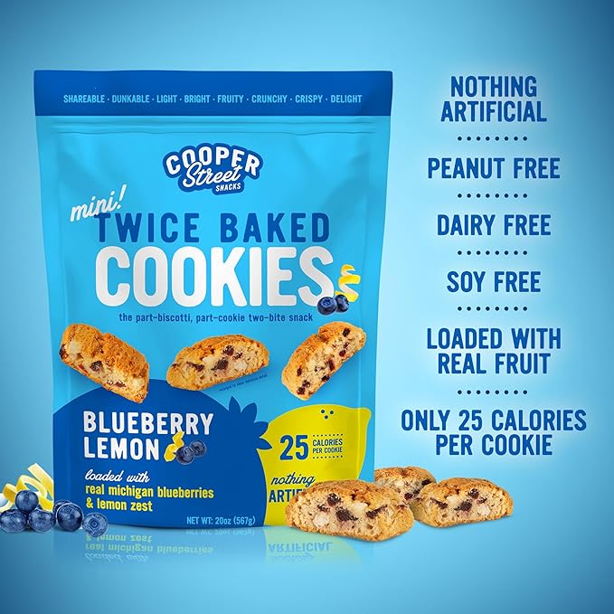 Cooper Street Twice-Baked Blueberry Lemon Biscotti Cookies (16 oz Pack of 4) – Over 50 Biscotti per Bag Loaded with Real Fruit, Traditional Italian Style Snacks - Dairy, Peanut & Soy Free, Kosher