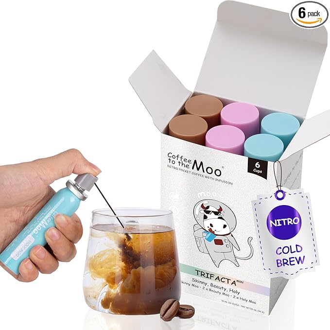 Coffee to the Moo Nitro Cold Brew Coffee Concentrate, Mix Pack (KETO, Collagen & Mushroom Coffee), Instant Hot or Iced, Pocket/Purse Sized & Travel Friendly, No Refrigeration, 6 Cups
