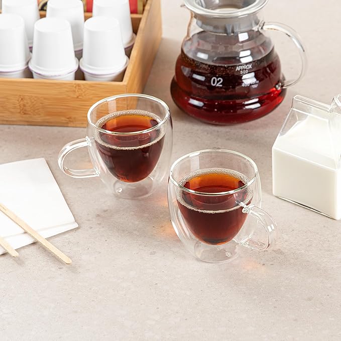 Restaurantware-Forma Professional 5.1 Ounce Glass Coffee Cups, 2 Insulated Coffee Cups With Handle - Dishwashable, Reusable, Clear Double Wall Beverage Tumblers, Freezable, For Hot Or Cold Beverages