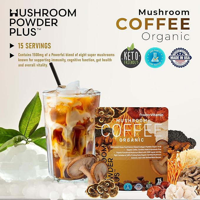 PowderVitamin Organic Mushroom Coffee Certified Mold & Mycotoxin Free GrassFed Collagen Types I & III 8 Fruiting Body Mushrooms Tested for BetaGlucans Focus Energy Digestion & Immunity 15 Servings