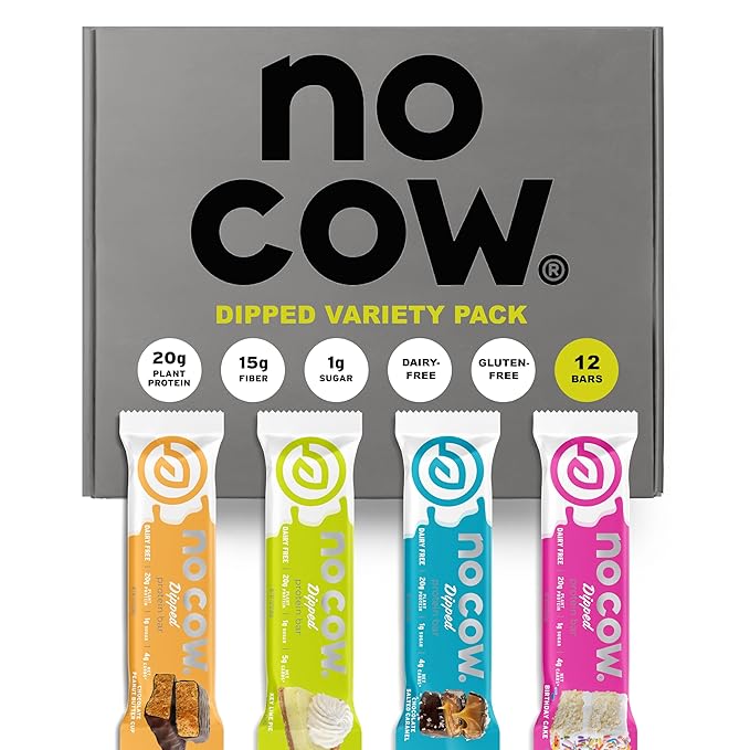 No Cow High Protein Bars, Dipped Variety Pack - Healthy Snack, 20g Vegan Protein, High Fiber, Low Sugar, Keto Friendly, Dairy & Gluten Free (12 Count)