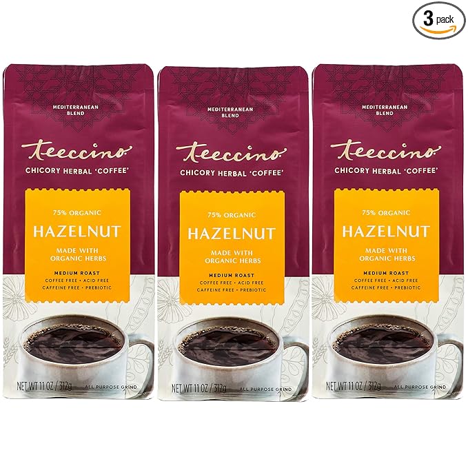 Teeccino Hazelnut Chicory Coffee Alternative - 11 Ounce - Ground Herbal Coffee That’s Prebiotic, Caffeine Free & Acid Free, Medium Roast, (Pack of 3)