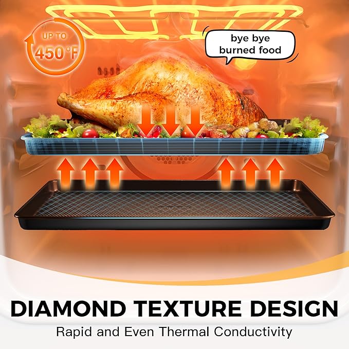 HONGBAKE 9-Piece Baking Pans Set Nonstick, Stackable Non Toxic Bakeware Sets with Diamond Texture, Oven Pan Set for Cooking, Includes Cookie Sheet with Rack, Cake Pan, Roasting Pan, Muffin Tin, Gray