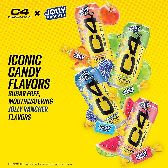 Cellucor C4 Performance Energy Drink | JOLLY RANCHER Peach | Zero Sugar Carbonated Preworkout Energy | 200mg Caffeine with Beta Alanine | 16 Fl Oz (12 Pack)