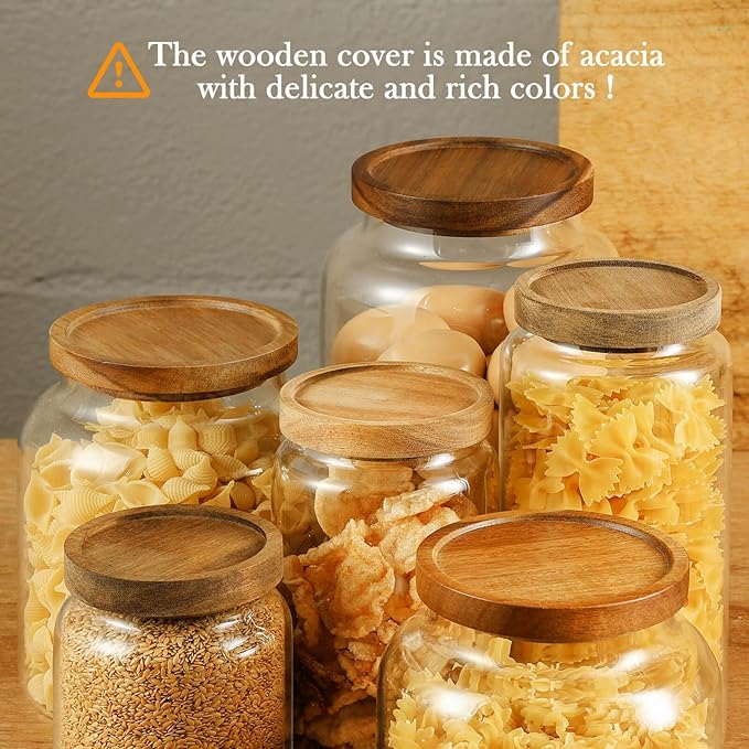Labina Glass Storage Container Airtight Food Jars Kitchen Canister with Wood Lids, 47 Oz Wide Mouth Pantry Organization Glass Jar for Flour, Sugar, Cookie, Spagetti, Nuts and Candy (2 Pack)