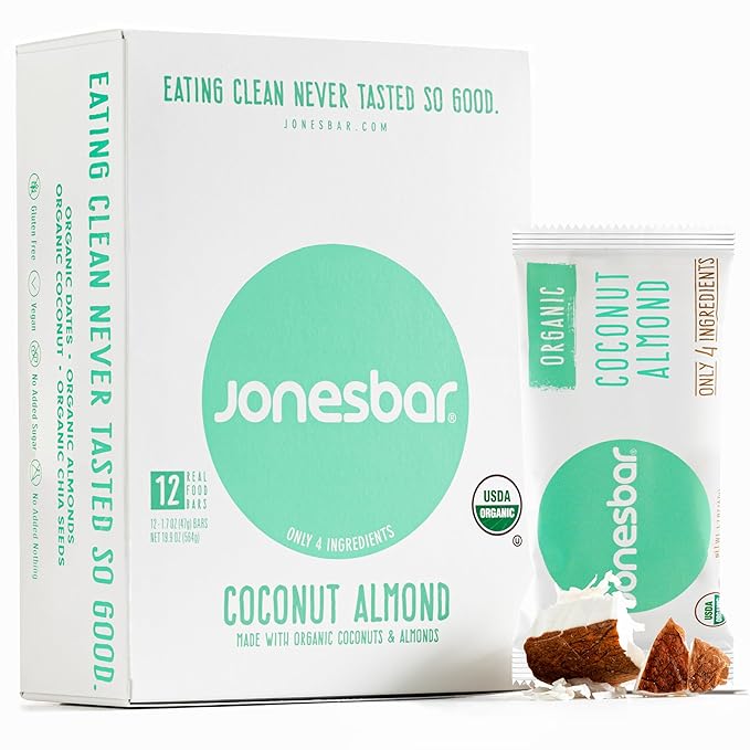 JONESBAR Organic Plant Based Protein Bars | Coconut Almond | Fruit & Nut Bar, Kosher, Gluten Free, Paleo Breakfast Bars, School Snacks, Vegan Snack & Healthy Snacks for Adults and Kids (Pack of 12)
