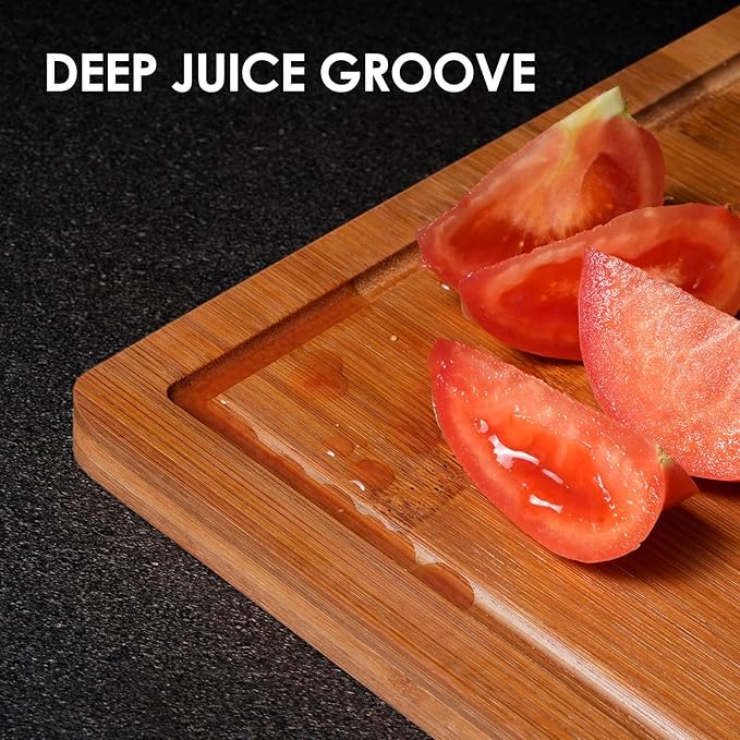 Kikcoin Bamboo Cutting Boards for Kitchen, (Set of 3) Kitchen Chopping Board with 3 Built-In Compartments and Juice Groove Heavy Duty Serving Tray Wood Butcher Block and Wooden Carving Board, Brown