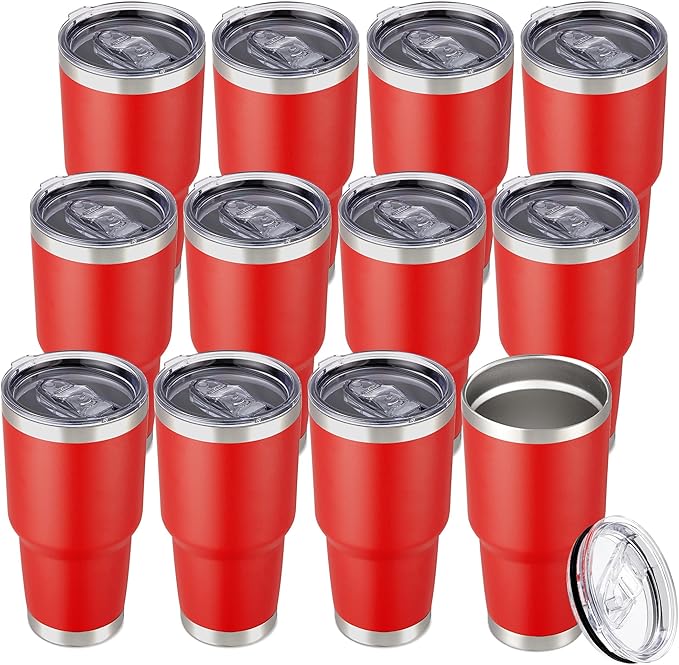 30 oz Tumbler with Lid Stainless Steel Tumblers Bulk Vacuum Insulated Cup Reusable Powder Coated Travel Mug Double Wall Leak Proof Cups Keep Cold Drinks for 12 Hours Wine Red, Set of 12