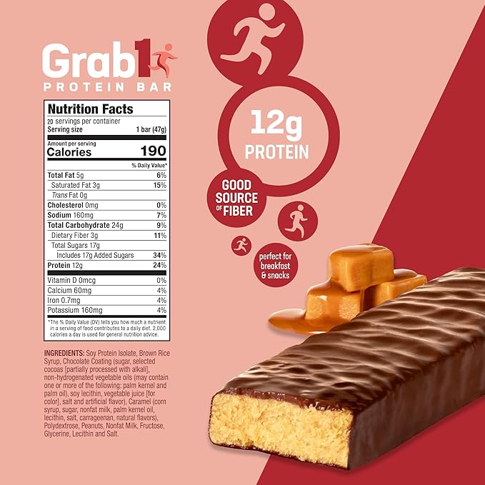 Grab1 Caramel Deluxe Protein Bars (20 Bars) | Controls Hunger | Certified Kosher | Delicious Tasting | Low Calorie | Great Meal Replacement or Snack