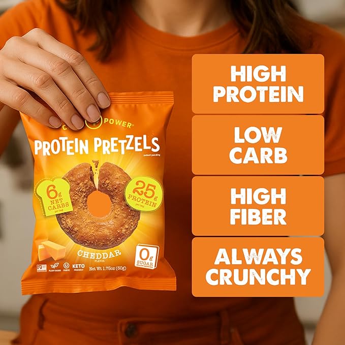 Crisp Power Protein Pretzels, NEW Cheddar, High Protein Vegan Keto Snack, 25 G Plant Based Protein, Low Carb Crunchy Pretzel Snacks, No Added Sugar, No Seed Oils, 1.75 oz Bags, 24 Pack