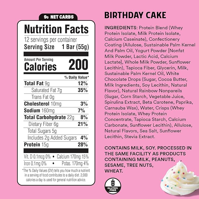 JUNKLESS Protein Bars - Birthday Cake - 15g Protein, Low Sugar, Gluten Free, High Fiber, Delicious Taste and Texture, Satisfying, Healthy Snack for Energy - 12 Bars