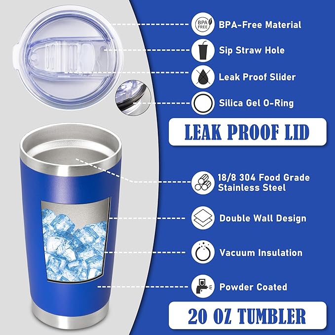20 oz Tumbler Coffee Tavel Tumblers Bulk with Lid Stainless Steel Double Wall Vacuum Insulated Mug Powder Coated Cups fit Car Cupholder for Hot and Cold - Dark Blue, 8Pack