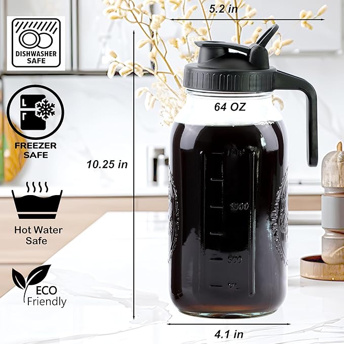 Cold Brew Coffee Maker 64 Oz Mason Jar Iced Coffee Maker 2 Set Half Gallon Glass Pitcher With Pour Spout Lids 2 Quart Wide Mouth Cold Brew Pitcher With Strainer For Fridge, Lemonade, Cold Brew, Milk