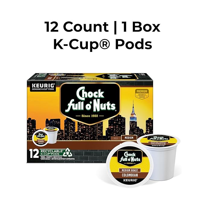 Chock full o’Nuts Colombian Keurig K-Cup Pods for Keurig Brewers – Premium Arabica, Medium Roast – Single Serve – 1 Pack of 12 K-Cup Pods
