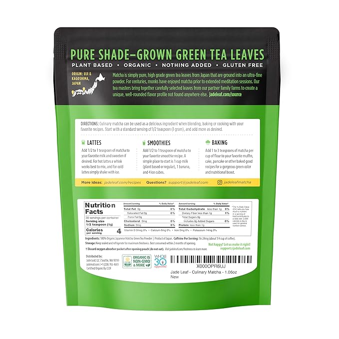 Jade Leaf Matcha Organic Premium Ceremonial Grade Matcha Green Tea Powder - Japanese - Culinary, Ingredient, Ceremonial Barista Teahouse, Latte, Collagen, 1.06 Ounce (Pack of 1), Culinary