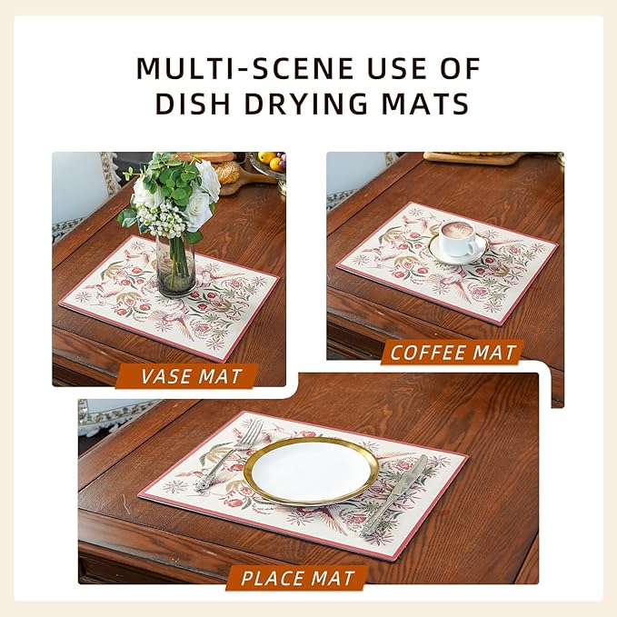 Dish Drying Mat Coffee Mat Rubber Backed Soft Silicone Dish Drying Mat for Kitchen Counter or Sink for Kitchen Bathroom Coffee Bar (Birds and Flowers, 16 x 24 Inches)