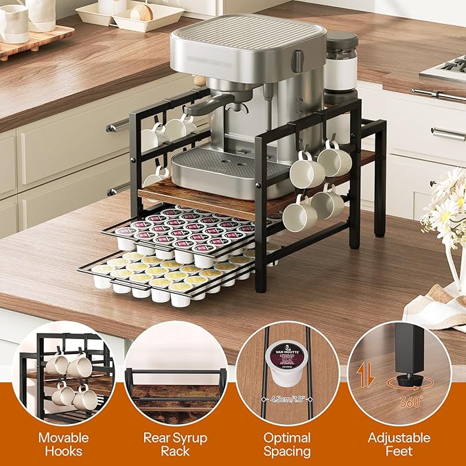 HOOBRO K Cup Holder, Coffee Pod Organizer for Counter, 70 Capacity Pods Storage Organizer, Coffee Maker Stand with Mug Rack, Coffee Station for Syrup, Rustic Brown and Black BF03CR01