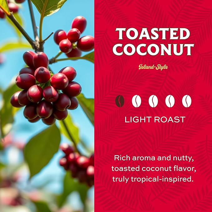 Lion Coffee Toasted Coconut Flavored, Light Roast Whole Bean Coffee, A Taste of Aloha - 10 Ounce Bag