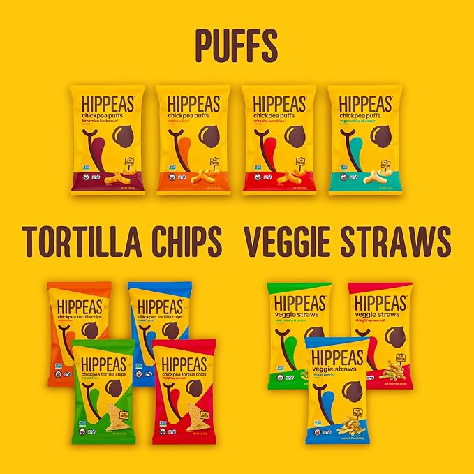Hippeas Chickpea Puffs, Vegan Nacho Vibes, 0.8 Ounce (Pack of 18), 3g Protein, 2g Fiber, Vegan, Gluten-Free, Crunchy, Plant Protein Snacks