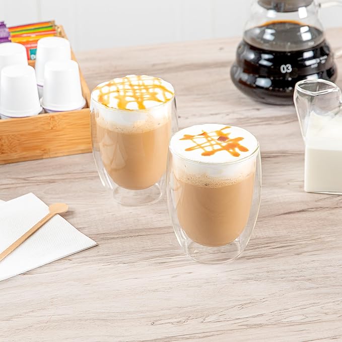 Restaurantware-Forma Professional 11.8 Ounce Double Wall Coffee Cups, 12 Insulated Latte Glasses - Dishwashable, Reusable, Clear Glass Beverage Cups, Freezable, For Hot Or Cold Beverages