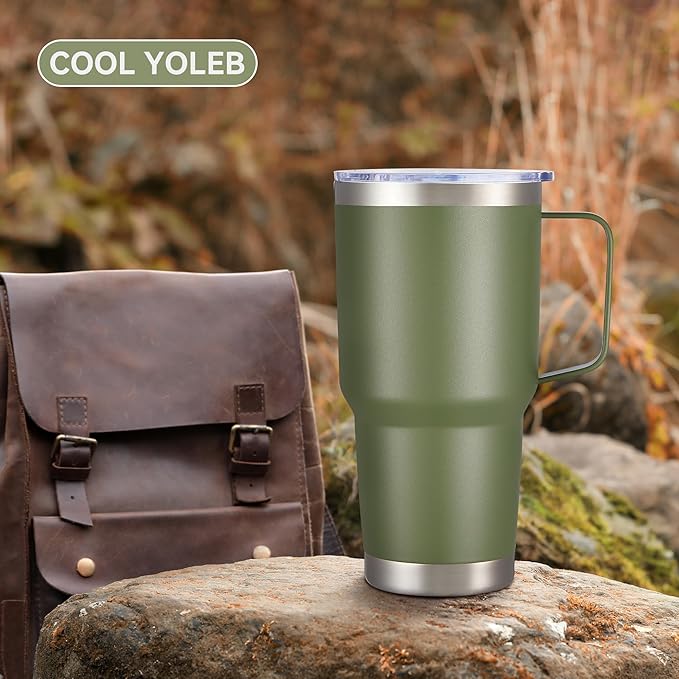 30 oz Tumbler with Handle and Lid, Stainless Steel Tumblers Bulk Double Wall Vacuum Insulated Travel Mug Leak Proof Cup Keep Drinks Cold and Hot Army Green, 4 Pack