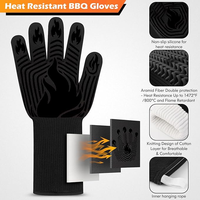 BBQ Gloves, 1472°F Heat Resistant Fireproof Mitts, Silicone Non-Slip Washable Oven Kitchen Gloves for Barbecue, Grilling, Cooking, Baking, Camping, Smoker (Black)