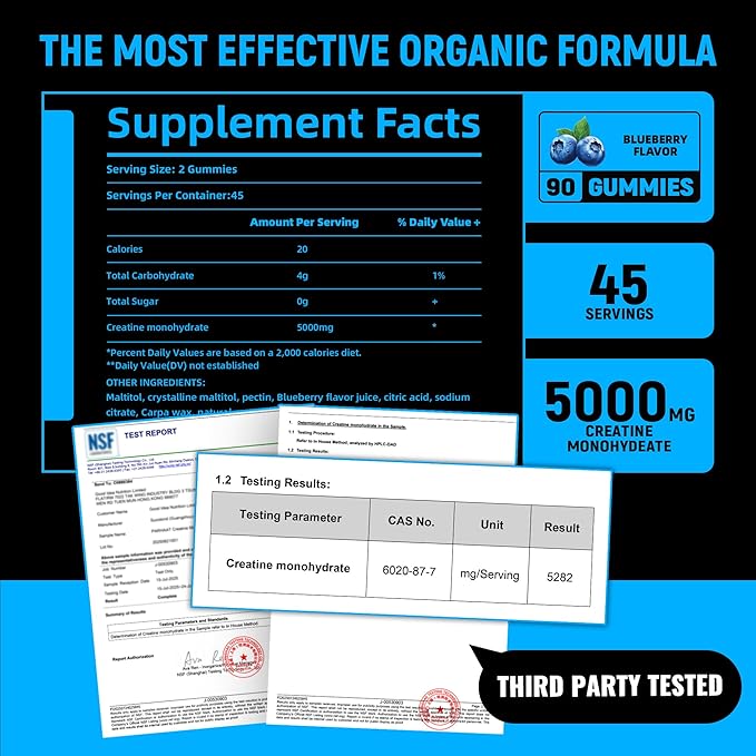 Creatine Monohydrate Gummies 5g for Men & Women - Boost Focus,Strength, and Endurance, Anti-Melting Formula, Vegan, Gluten-Free, Non-GMO, 2.5 Gram Creatine per Gummy (Blueberry 90 ct)