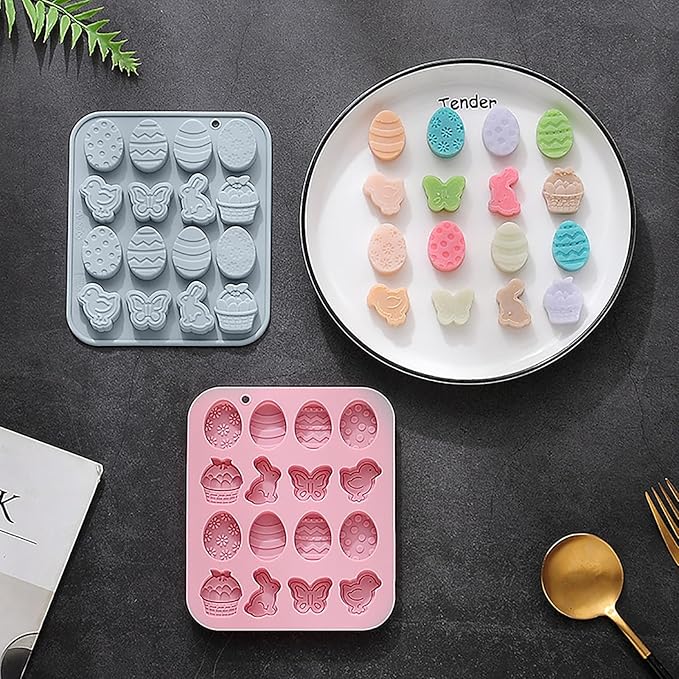 Easter Silicone Candy Molds, 16 Cavity Mini Bunny Egg Butterfly Chick Chocolate Molds Design, Baking Molds for Making Jellies, Soft Candy, Ice Cubes, Wax Melts, Soaps, Resin etc Cake Decor Set of 2