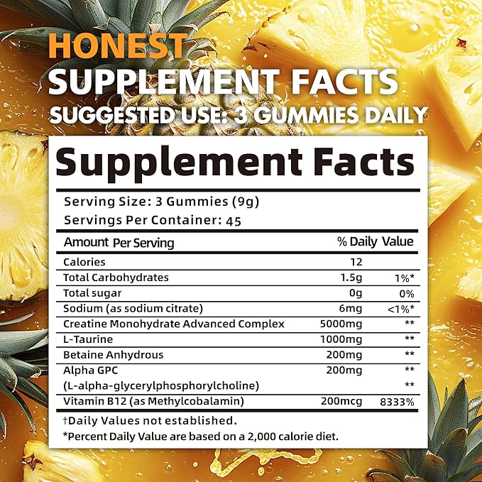Creatine Monohydrate Gummies for Men & Women - 5g of Creatine Monohydrate per Serving - Sugar Free,Vegan, Pineapple Flavor, 135 Count (45 Servings)..